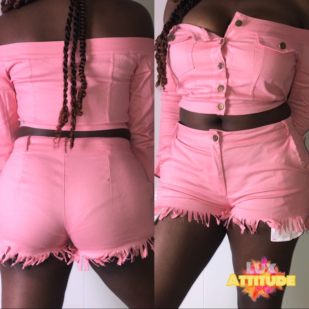 Pink two piece short denim set